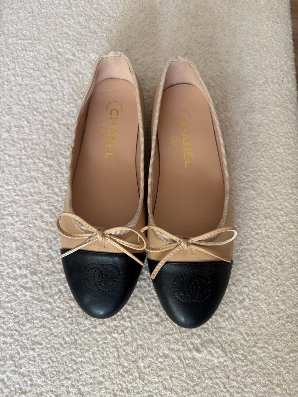 Beige and Black Leather Cap-Toe Bow Ballet Flats